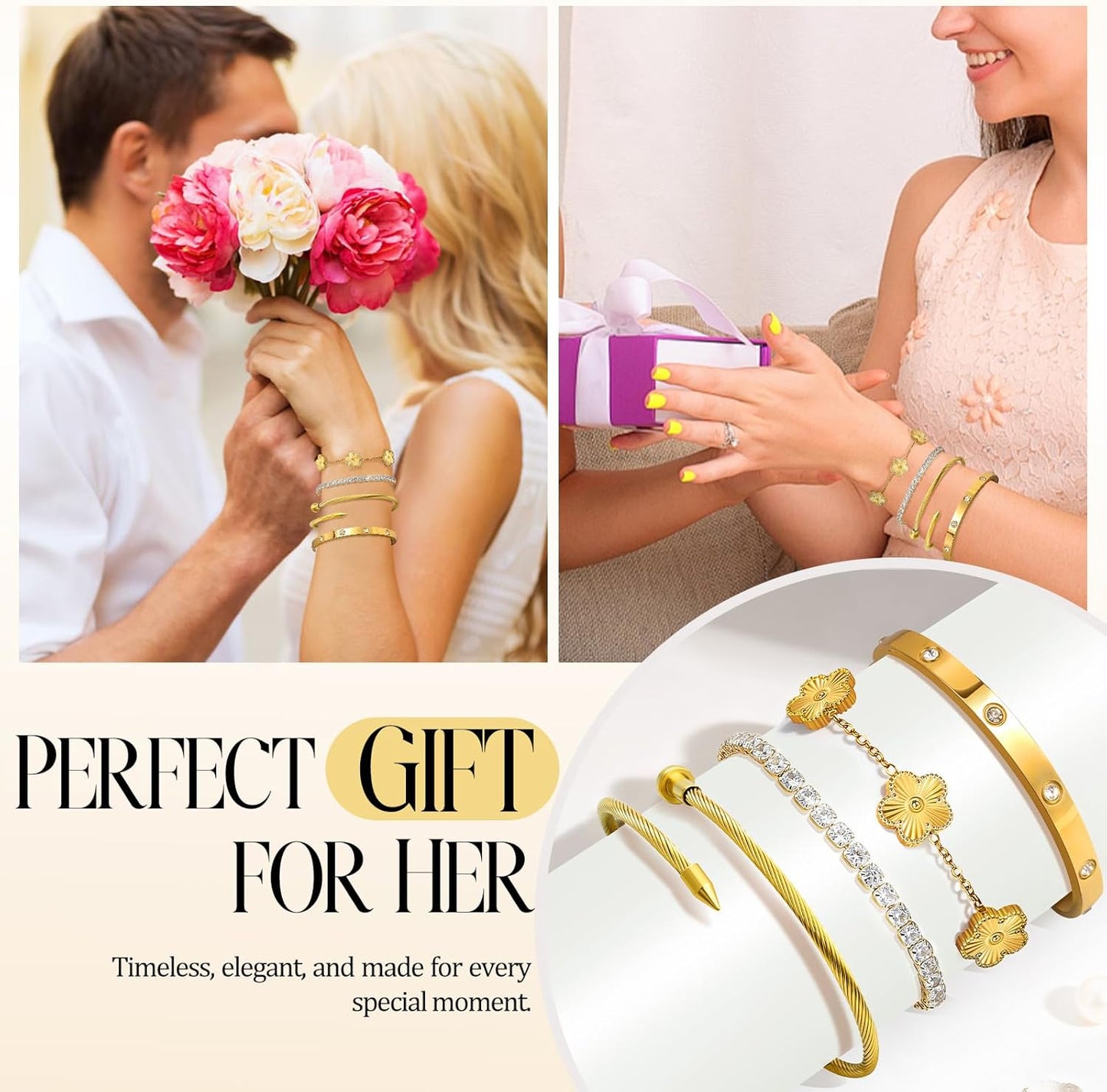 Gold Bracelets for Women, 18K Gold Plated Tennis Nail Clover Love Bangle Bracelets Set Non Tarnish, Stainless Steel Trendy Stackable Bracelet Fashion Jewelry Accessories Gifts for Christmas