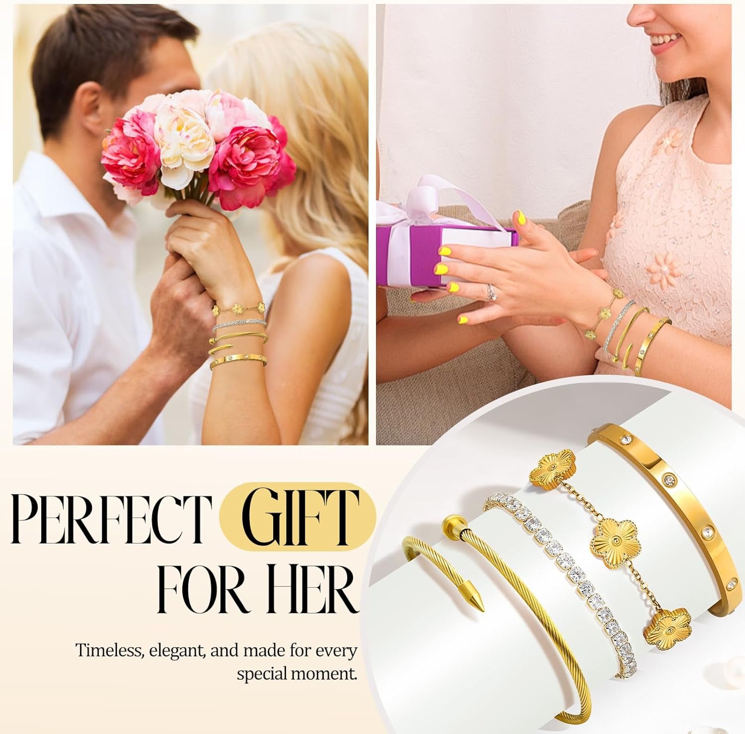 Gold Bracelets for Women, 18K Gold Plated Tennis Nail Clover Love Bangle Bracelets Set Non Tarnish, Stainless Steel Trendy Stackable Bracelet Fashion Jewelry Accessories Gifts for Christmas