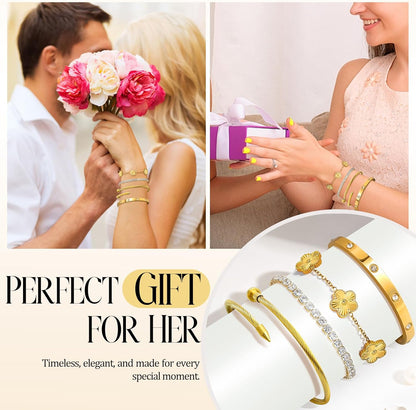 Gold Bracelets for Women, 18K Gold Plated Tennis Nail Clover Love Bangle Bracelets Set Non Tarnish, Stainless Steel Trendy Stackable Bracelet Fashion Jewelry Accessories Gifts for Christmas