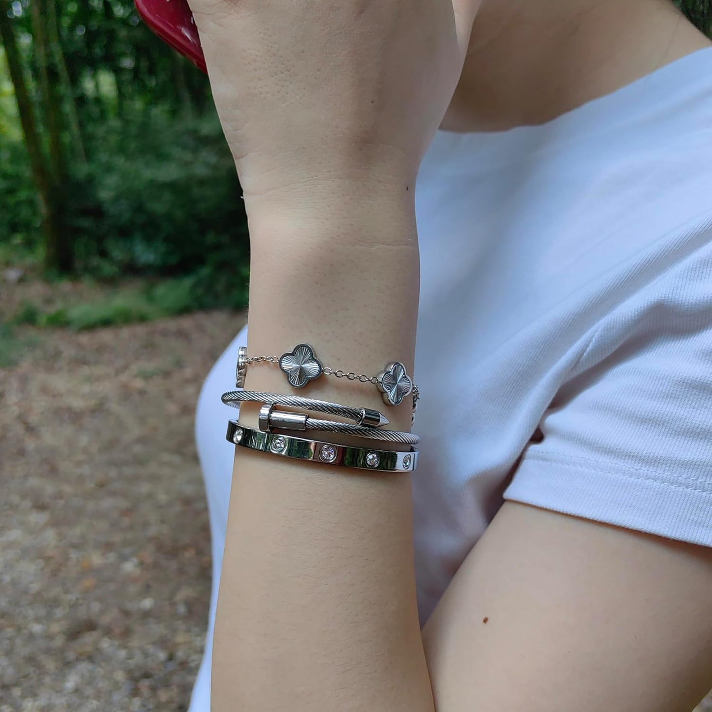 Womens Bracelet 18K Gold Plated Cuff Bangle Clover Bracelet Set for Women Four Leaf Lucky Bangle Jewelry Gift of Love