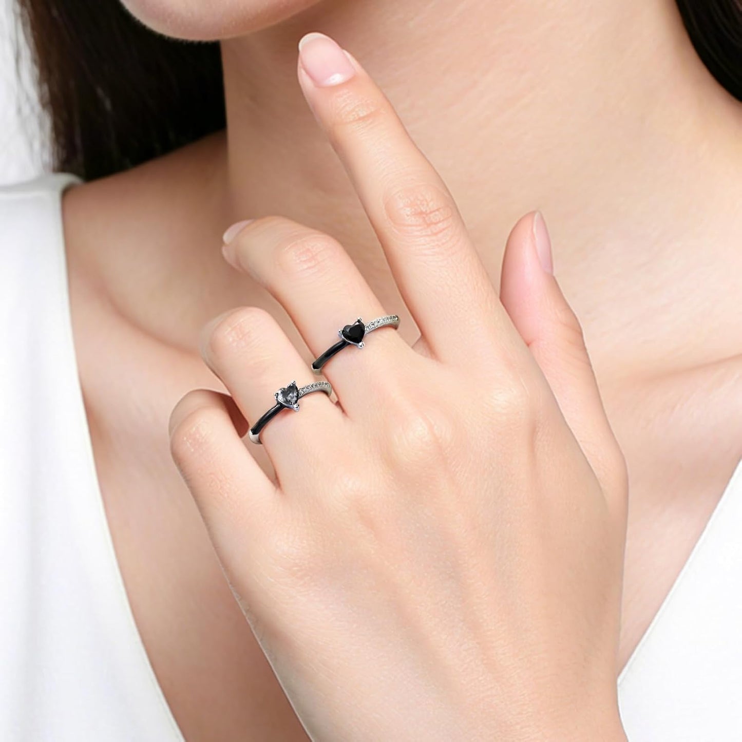 Love Me until I'M Me Again Black Heart-Cut Half Enamel Ring, S925 Sterling Silver Heart Rings Self-Love Ring Gift, Heart Rings Birthday Gifts for Women, Daughter, Wife, Friends