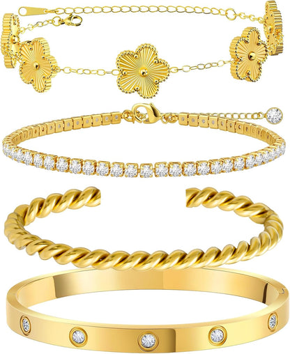 Gold Bracelets for Women, 18K Gold Plated Tennis Nail Clover Love Bangle Bracelets Set Non Tarnish, Stainless Steel Trendy Stackable Bracelet Fashion Jewelry Accessories Gifts for Christmas