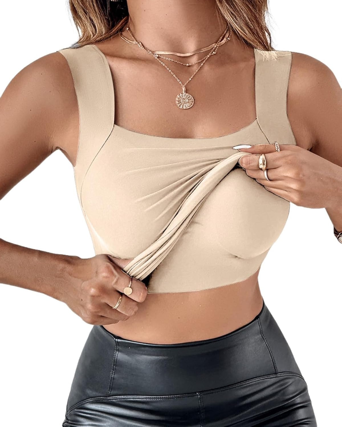 CHICME Womens U Neck Shapewear Built-In Bra Tank High Strechy Sleeveless Slim Fit Tops Camisole Workout Tops