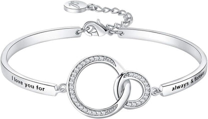 I Love You bangle bracelet engraved on woman's wrist