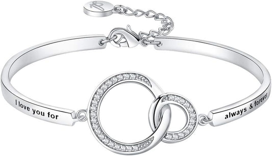 I Love You bangle bracelet engraved on woman's wrist