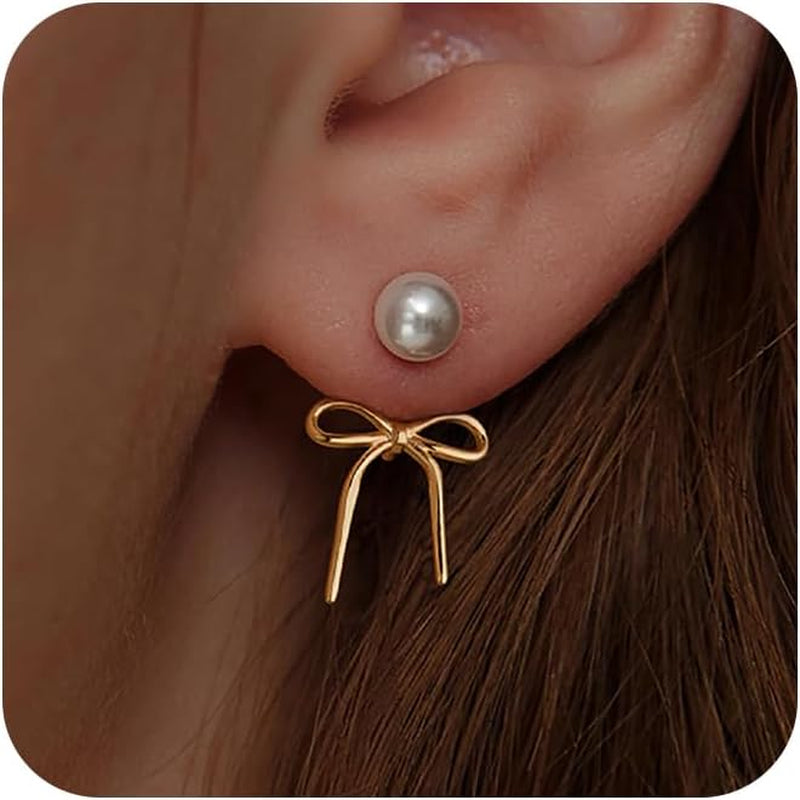 Risamil 14K Gold Plated/Silver Earrings for Women Trendy, Dainty Bow Earrings for Women Cute Pearl Huggie Earring Hoops Twist Rope Bow Stud Pearl Dangle Cubic Zirconia Earrings Jewelry Gifts