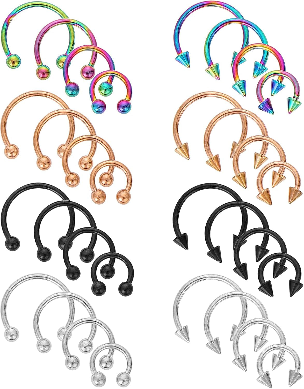 Yolev 32Pcs 18G Horseshoe Piercing for Women Men Variety of Sizes Horseshoe Rings Surgical Steel Nose Septum Horseshoe Hoop Earring Eyebrow Earring Hoop Lip
