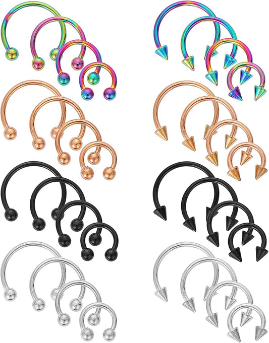 Yolev 32Pcs 18G Horseshoe Piercing for Women Men Variety of Sizes Horseshoe Rings Surgical Steel Nose Septum Horseshoe Hoop Earring Eyebrow Earring Hoop Lip