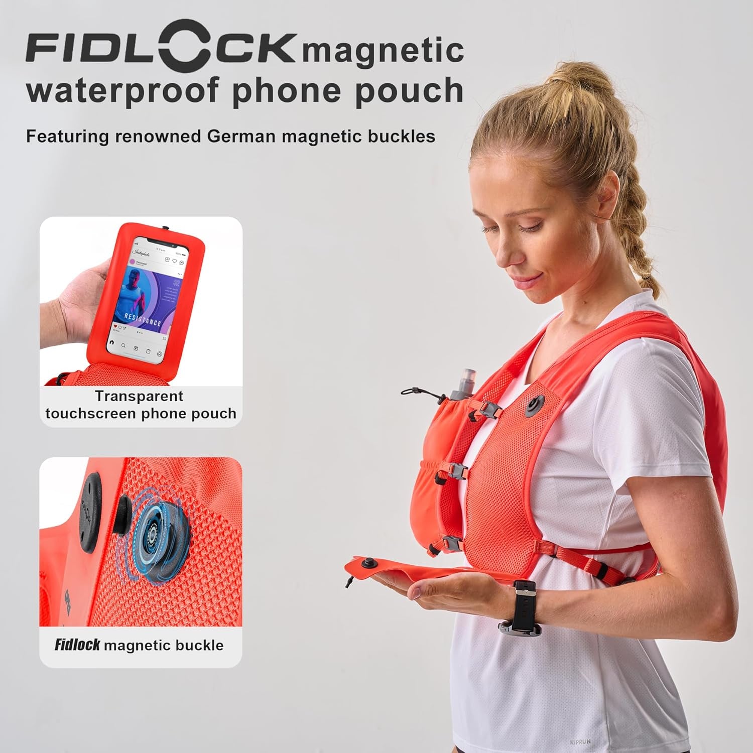 Woman wearing small hydration vest pack trail running