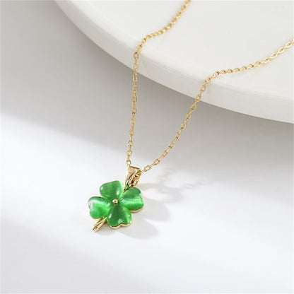 Dtja Cute Clover Flower Pendant Necklace for Women Girls Gold Plated Cats Eye Shamrock Leaf Charms Link Chain Necklace Adjustable Delicate Lucky St.Patrick'S Day Birthday Wedding Jewelry Gift 18 Inch