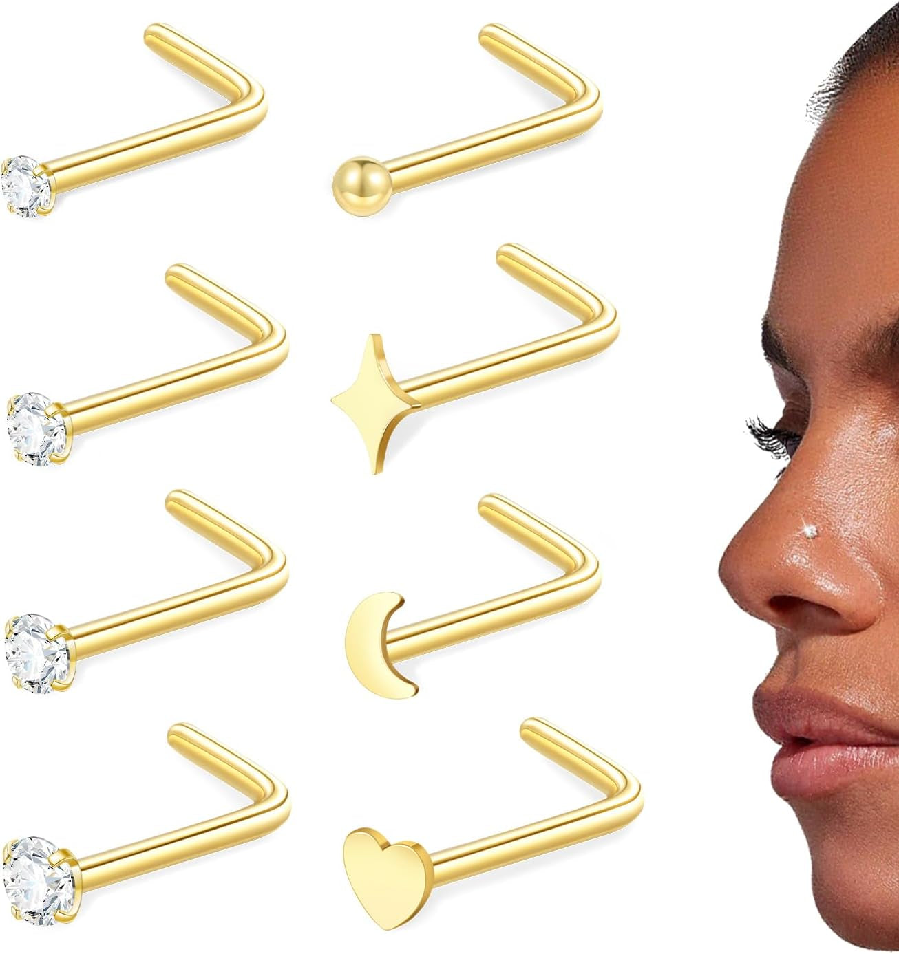 20G Nose Rings Stud for Women Surgical Steel Gold Silver Nose Ring L Shaped Corkscrew Nose Studs Hypoallergenic Small 1.5/2/2.5/3Mm CZ Cute Heart Star Moon Ball Nose Piercing Studs Jewelry Set 8Pcs