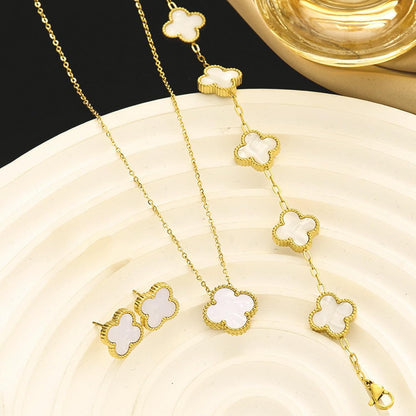 White Clover Jewelry Set for Women 18K Gold Plated Lucky Four Leaf Clover Necklace, Floral Link Chain Bracelet Elegant Earrings Romantic Charm Gift Set for Mom, Wife, Daughter, Girlfriend, Her