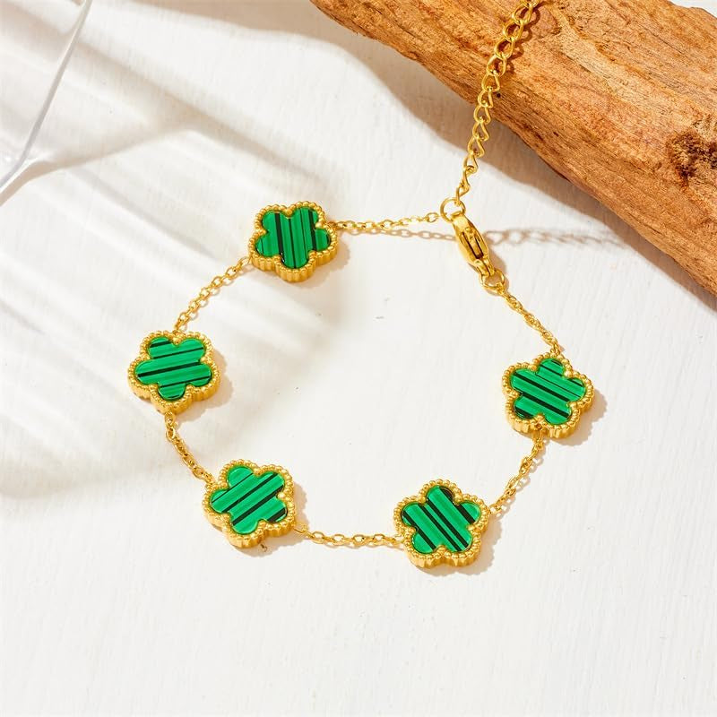 Lucky Clover Neckalce Earring Bracelet Set for Women Gold Plated Stainless Steel Chain Necklace with Flower Design Five Leaf Clover Earring Trendy Jewelry Set Gift