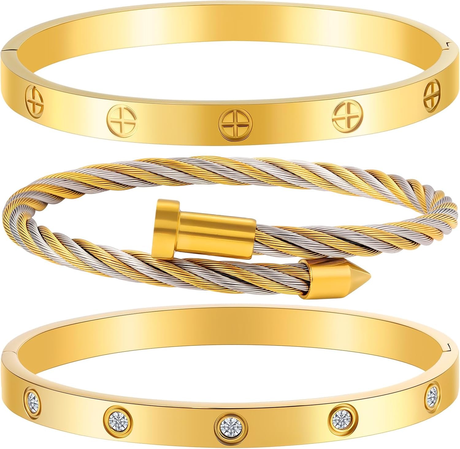 Gold Bracelets for Women - Stackable Bangles with Love & Friendship Theme - Stainless Steel Jewelry Gift for Her