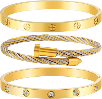 Gold Bracelets for Women - Stackable Bangles with Love & Friendship Theme - Stainless Steel Jewelry Gift for Her