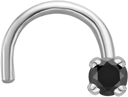 Lavari Jewelers 0.01 to 0.07 Carat Black Diamond Curved Screw Nose Stud for Women - 14K White Gold Nose Ring - Unisex Stud Hypoallergenic Nostril Piercing Jewelry - 20G Body Piercing for Men