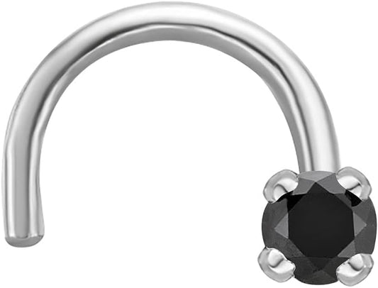 Lavari Jewelers 0.01 to 0.07 Carat Black Diamond Curved Screw Nose Stud for Women - 14K White Gold Nose Ring - Unisex Stud Hypoallergenic Nostril Piercing Jewelry - 20G Body Piercing for Men