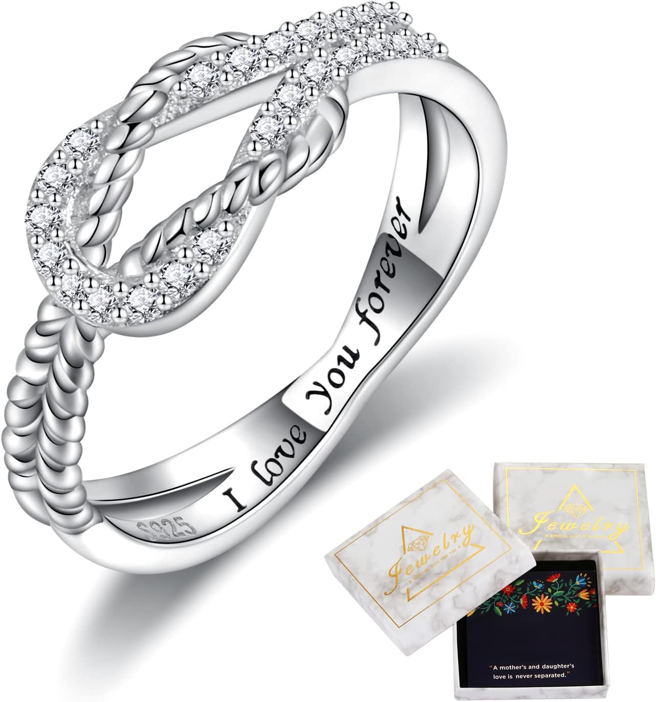 Silver mother daughter ring displayed in jewelry box