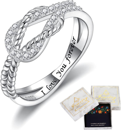 Silver mother daughter ring displayed in jewelry box
