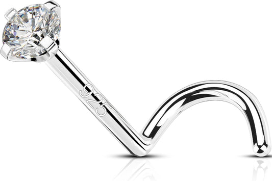 OUFER 925 Sterling Silver Nose Studs, Bone L Screw Shaped Nose Rings, 20G Nostril Solid 2Mm round CZ Nose Piercing Jewelry for Women Men-Screw Shaped