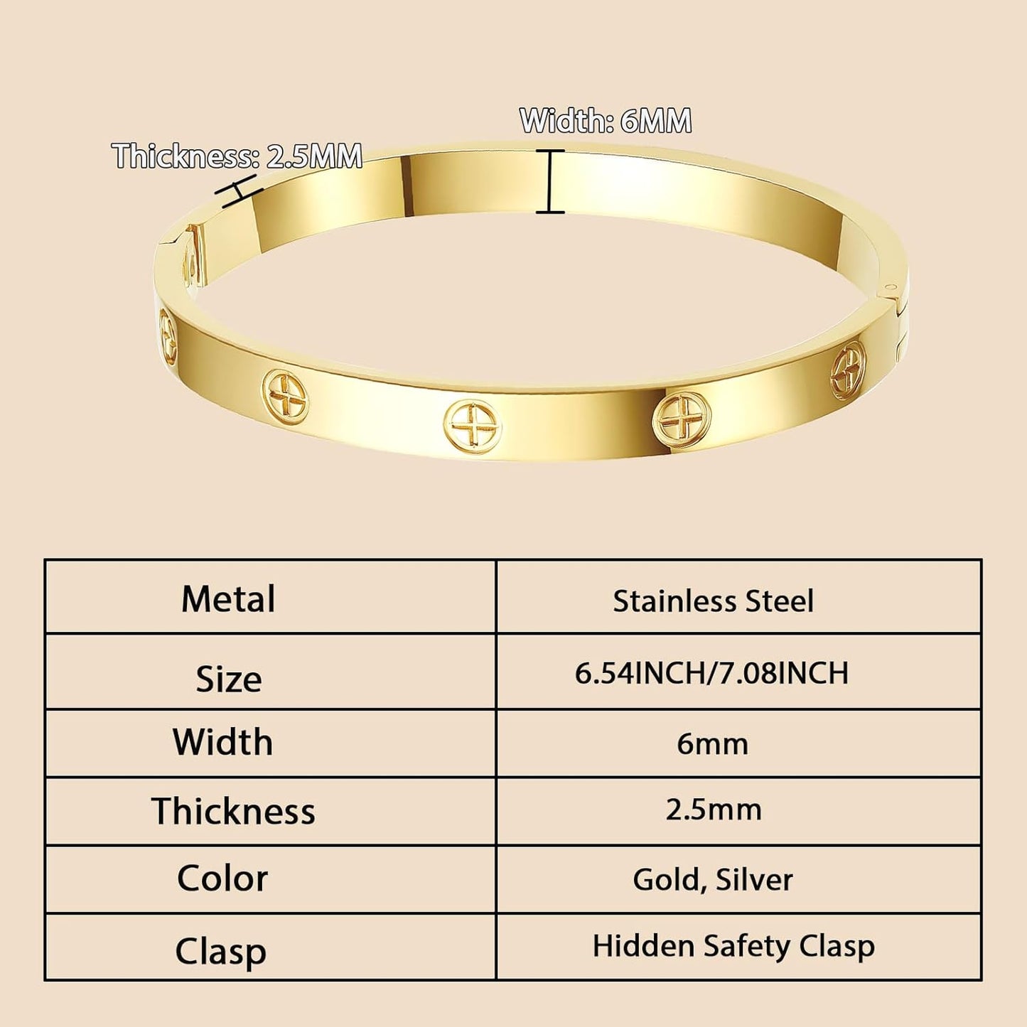 18K Gold-Plated Love Bangle Bracelets for Women, Silver Cross Bangle Bracelets, Waterproof Stainless Steel Friendship Jewelry, Valentines Christmas Birthday Gifts for Her