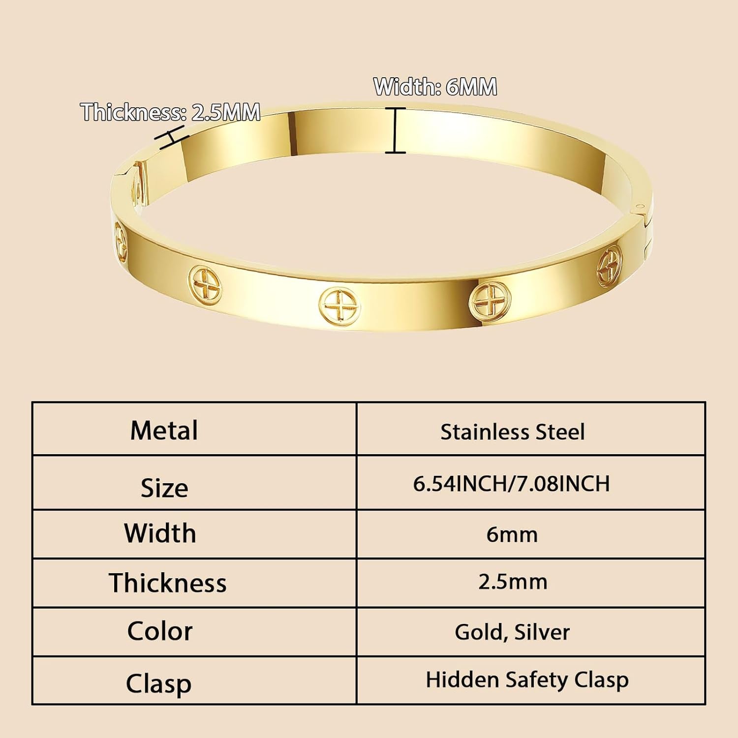 18K Gold-Plated Love Bangle Bracelets for Women, Silver Cross Bangle Bracelets, Waterproof Stainless Steel Friendship Jewelry, Valentines Christmas Birthday Gifts for Her