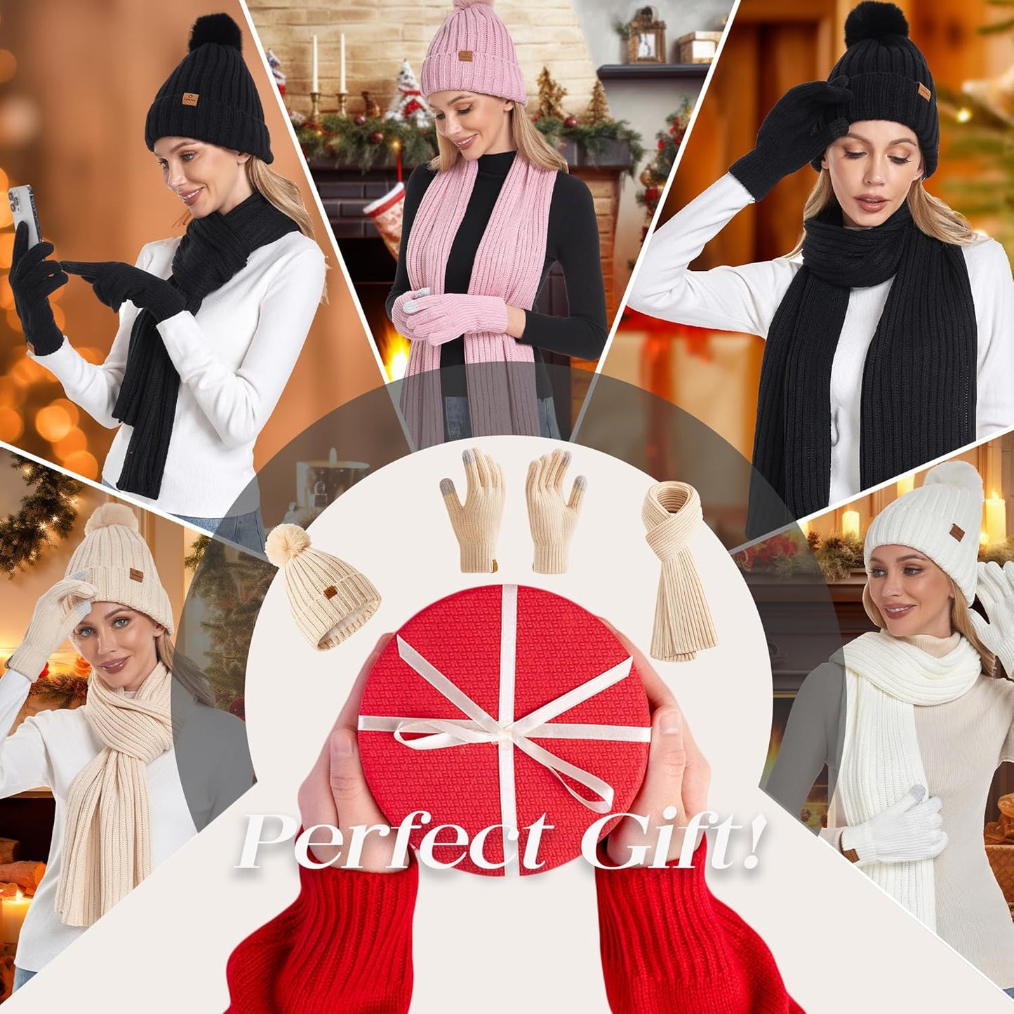 Coolprince Womens Long Scarf Gloves and Hat Set Cold Weather Hat Scarf Glove Set for Women Winter Beanie Hats with Pom Pom