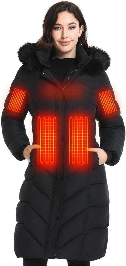 Women's long heated jacket with detachable fur hood and battery pack