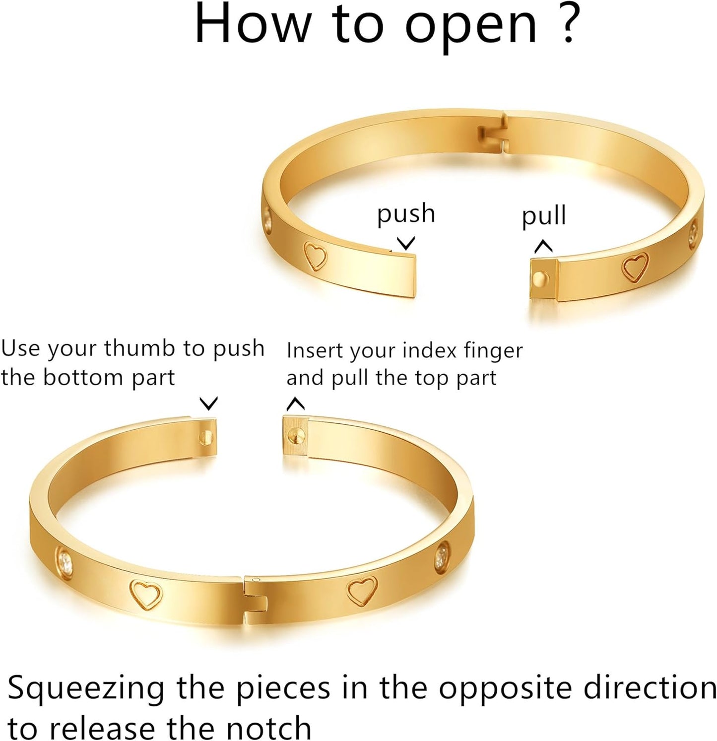 Christmas Gift MVCOLEDY Jewelry Gold /White Gold Plated Bangle Bracelet Heart Stone Stainless Steel with Crystal Bangle Bracelets for Women Jewelry Size 6.7 Inches