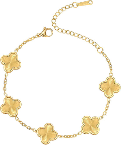 (Sturdy Version) 18K Gold Plated Bracelets for Women Men (Double Sided) Four Leaf Clover Cute Trendy Lucky Braclet (Adjustable) Fit Wrist within 8 Inch, Gold White Black Green Blue Red Pink