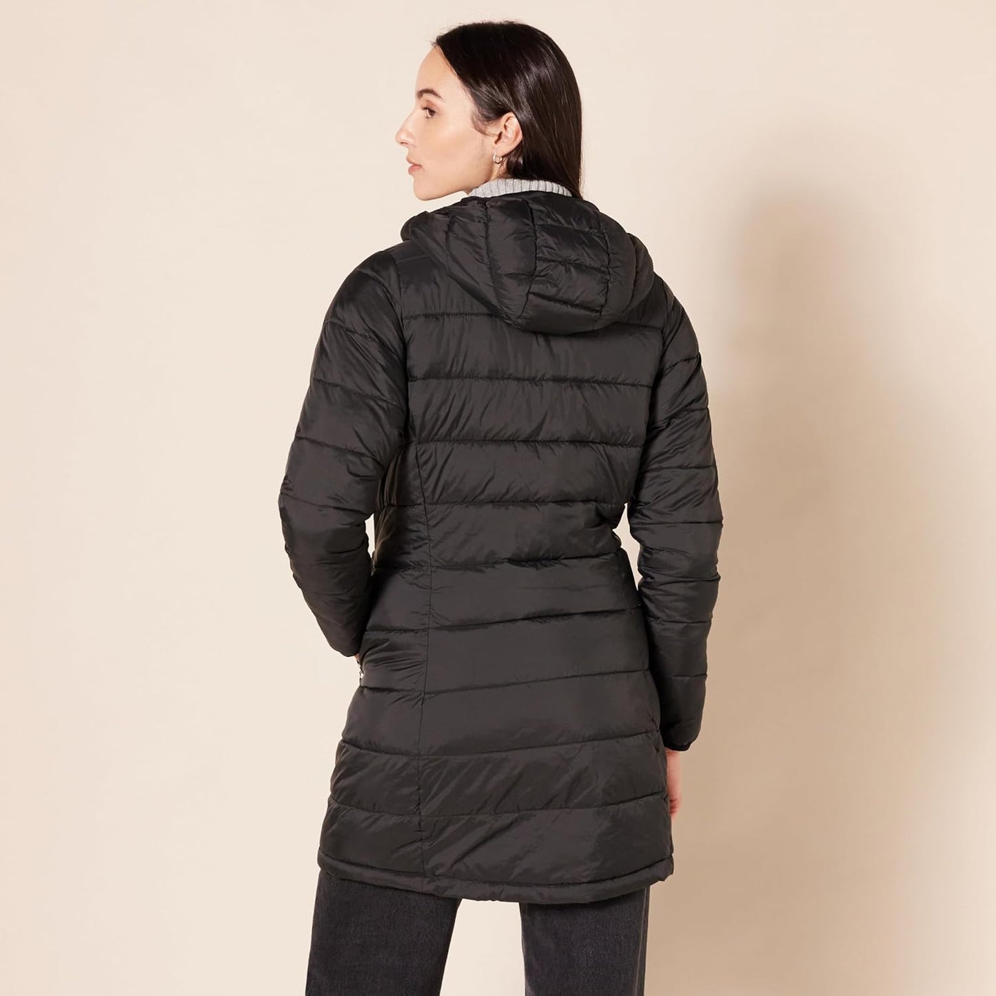 Water-resistant puffer coat with drawstring hood detail