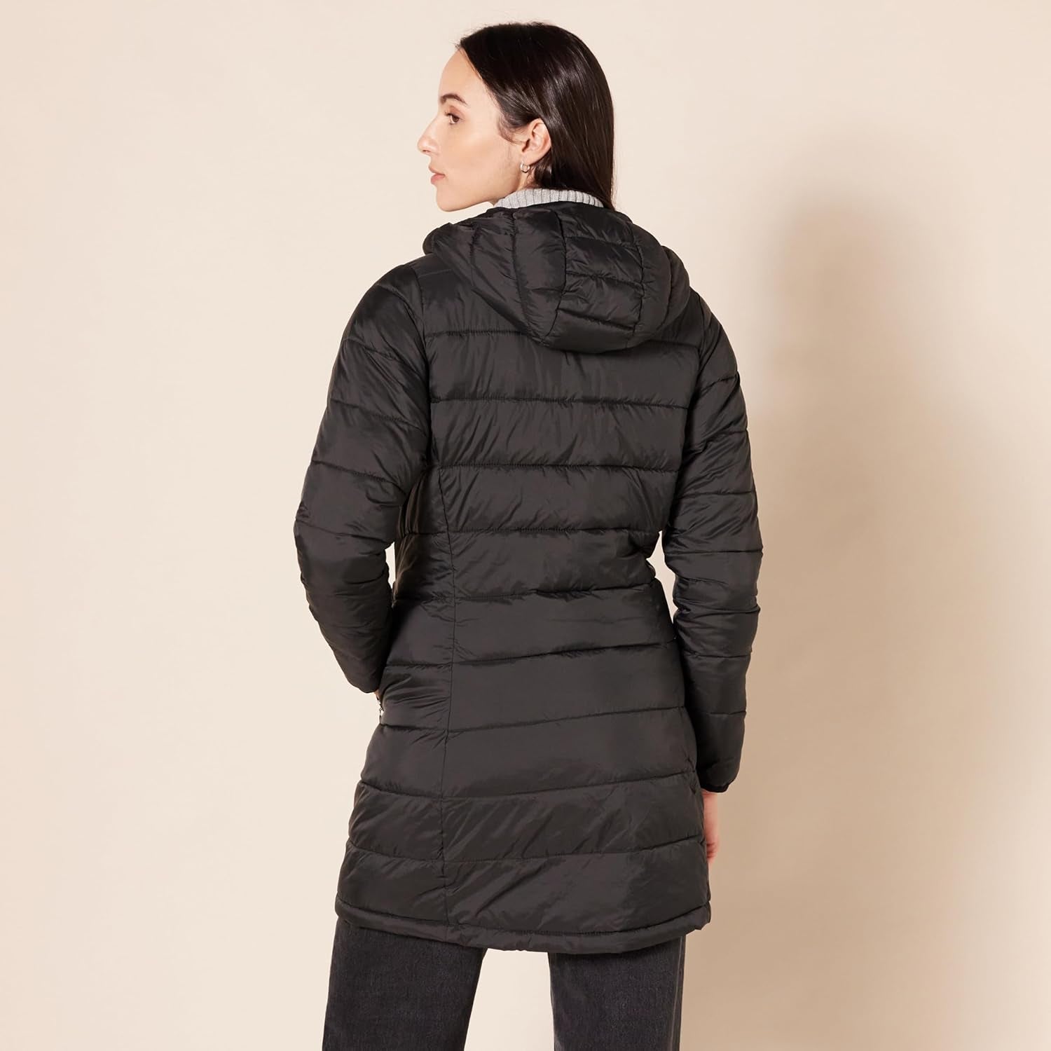 Water-resistant puffer coat with drawstring hood detail