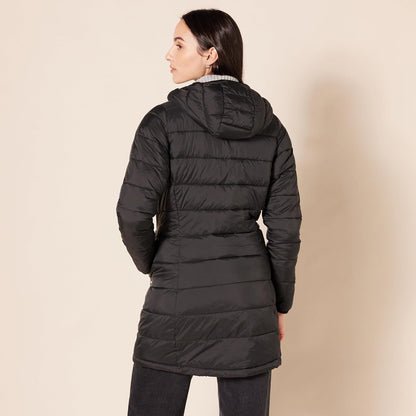 Water-resistant puffer coat with drawstring hood detail