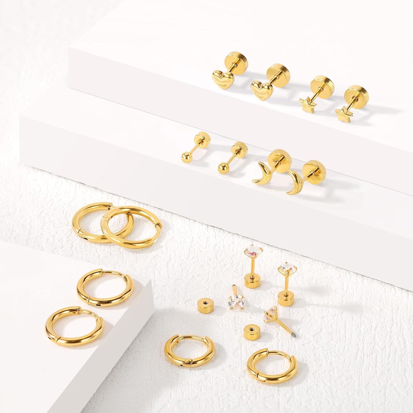 SHOWNICE Surgical Stainless Steel Flat Back Earrings for Women, Hypoallergenic Sleeping Stud Multiple Piercing Earrings Tiny Screw Back Cartilage Earring Sets