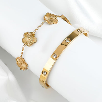 18K Gold Plated Clover Bracelet, Lucky Clover Bracelet Bangle Set for Women