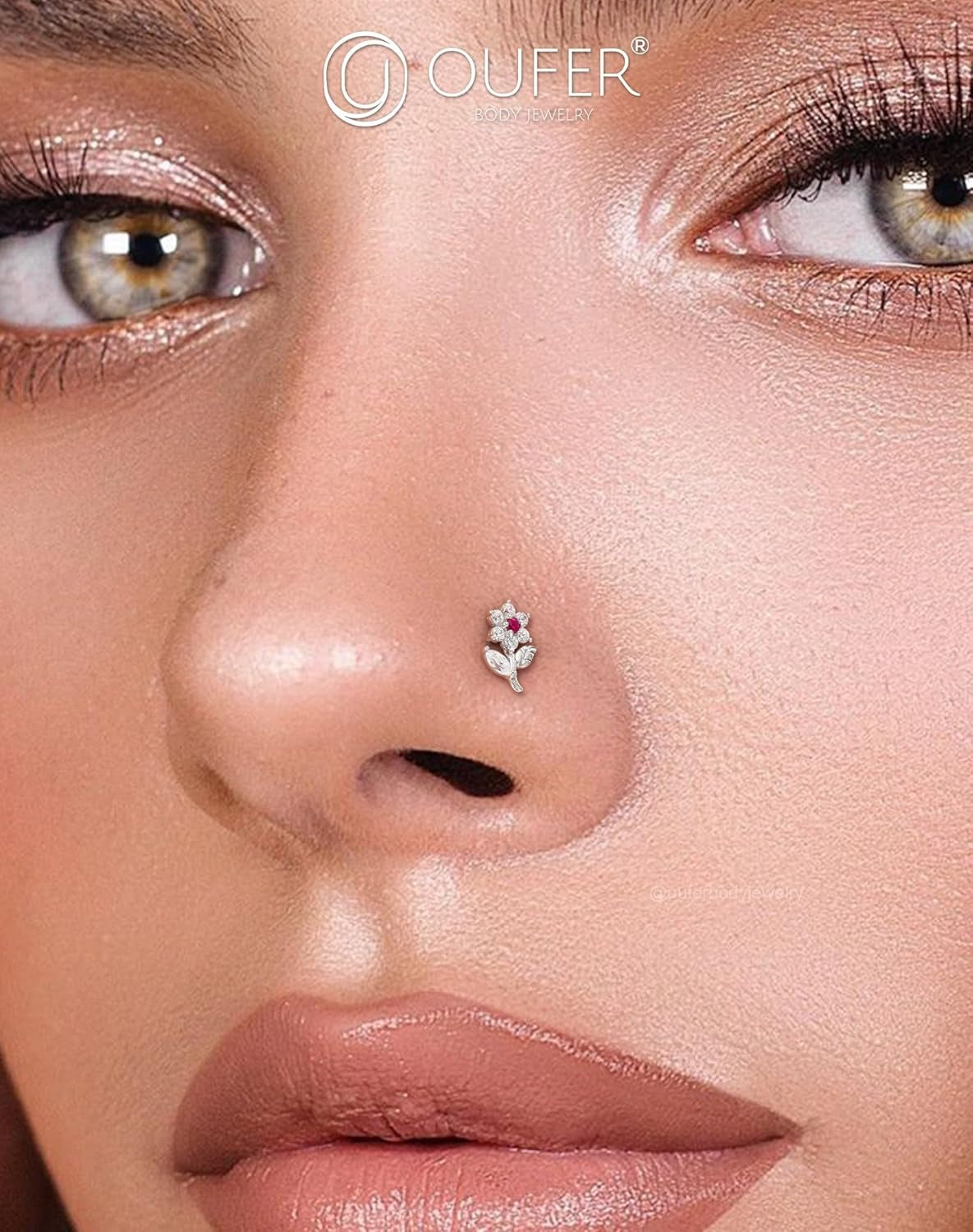 OUFER 925 Sterling Silver Nose Studs, Cute Flower Nose Rings for Women, L-Shaped Pink Clear CZ Nostril Piercing Jewelry-7Mm