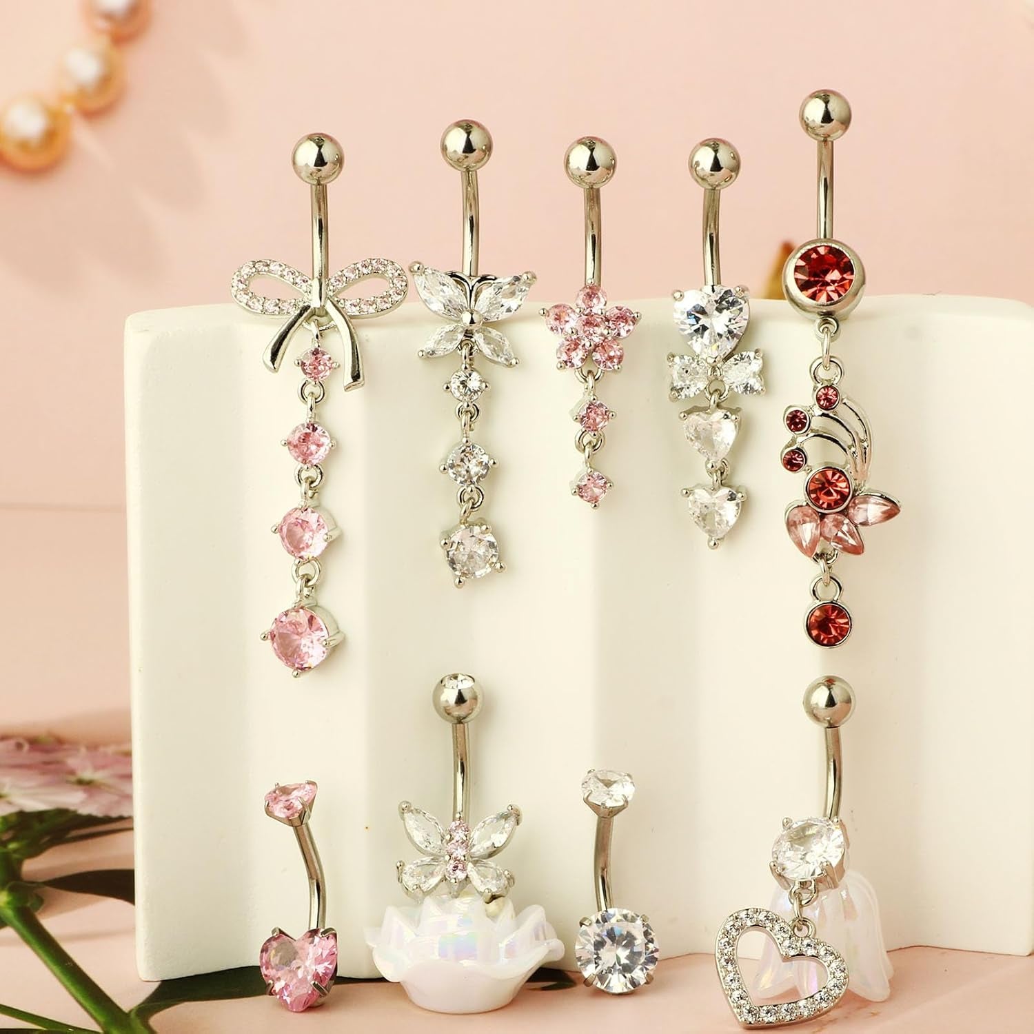 Suotarn 14G Belly Button Ring Dangle Belly Rings Surgical Stainless Steel Cute Bow Butterfly Heart Flower Dangling Belly Button Piercing Jewelry for Women Silver Dainty Dangly Navel Ring