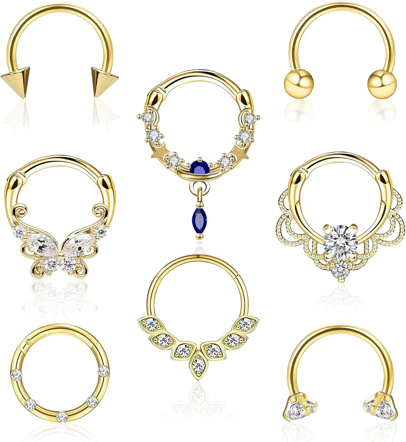 8Pcs Septum Rings 16G Surgical Steel Nose Rings Hoops Septum Clicker Daith Piercing Jewelry Silver Butterfly CZ Horseshoe Nose Lip Ring for Women Men 8MM 10MM