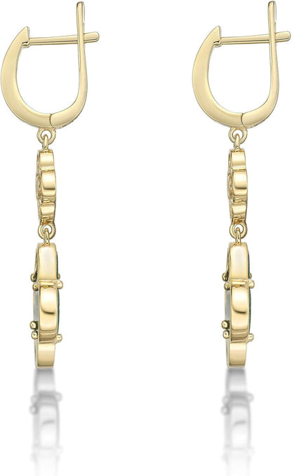 Lavari Jewelers Flower Dangle Drop Earrings for Women - Black Onyx Green Malachite or Mother of Pearl & Cubic Zirconia in 925 Sterling Silver Clover - Hypoallergenic Gold Plated - Secure Hinge Post