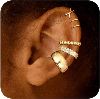 5 Pcs Thin Chunky Ear Cuff Earrings for Women 14K Gold Plated Brass Ear Cuffs Non Piercing Trendy Clip on Cartilage Earrings Cubic Zirconia Fake Piercings Earrings Jewelry
