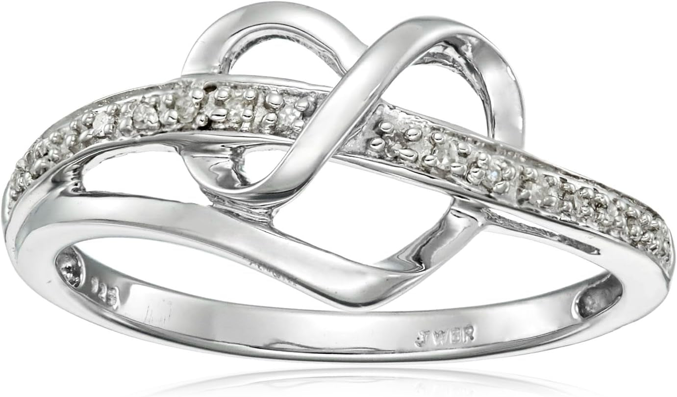 Sterling silver heart ring with diamond accent front view
