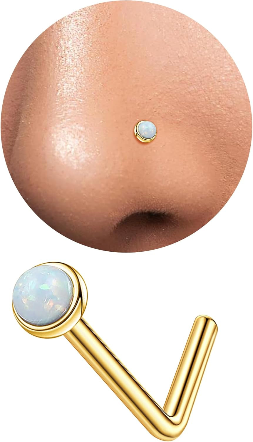 3Mm G23 Titanium Opal Nose Rings Studs Hypoallergenic L Shaped Screw Small Nose Rings for Women Men 20G Handmade 14K Gold Plated Nose Nostril Piercing Jewelry