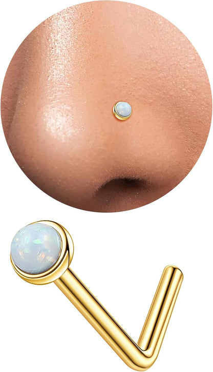 3Mm G23 Titanium Opal Nose Rings Studs Hypoallergenic L Shaped Screw Small Nose Rings for Women Men 20G Handmade 14K Gold Plated Nose Nostril Piercing Jewelry