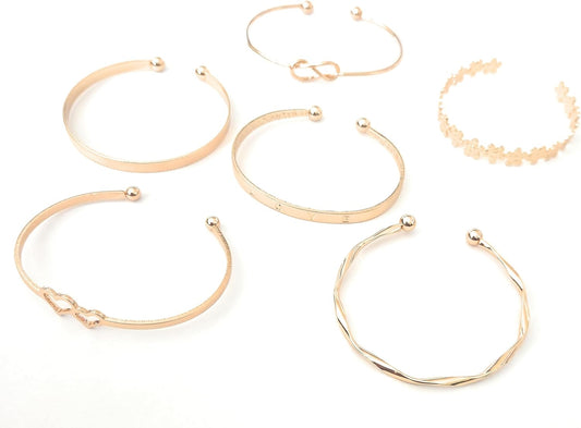 Gold Metal Open Cuff Bangle Bracelets, Heart and Love Letter Charms, Geometric Tennis Design, 6 Piece Set