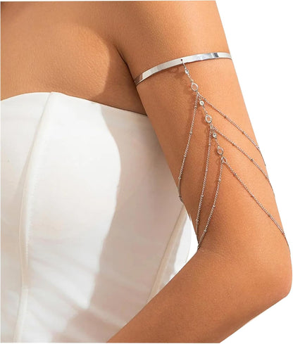 Simple Crystal Bead Tassel Upper Arm Chain Bracelet Multi-Layered Bikini Armlet Rhinestone Adjustable Open Arm Cuff Bangle Bracelets Summer Beach Body Jewelry for Women