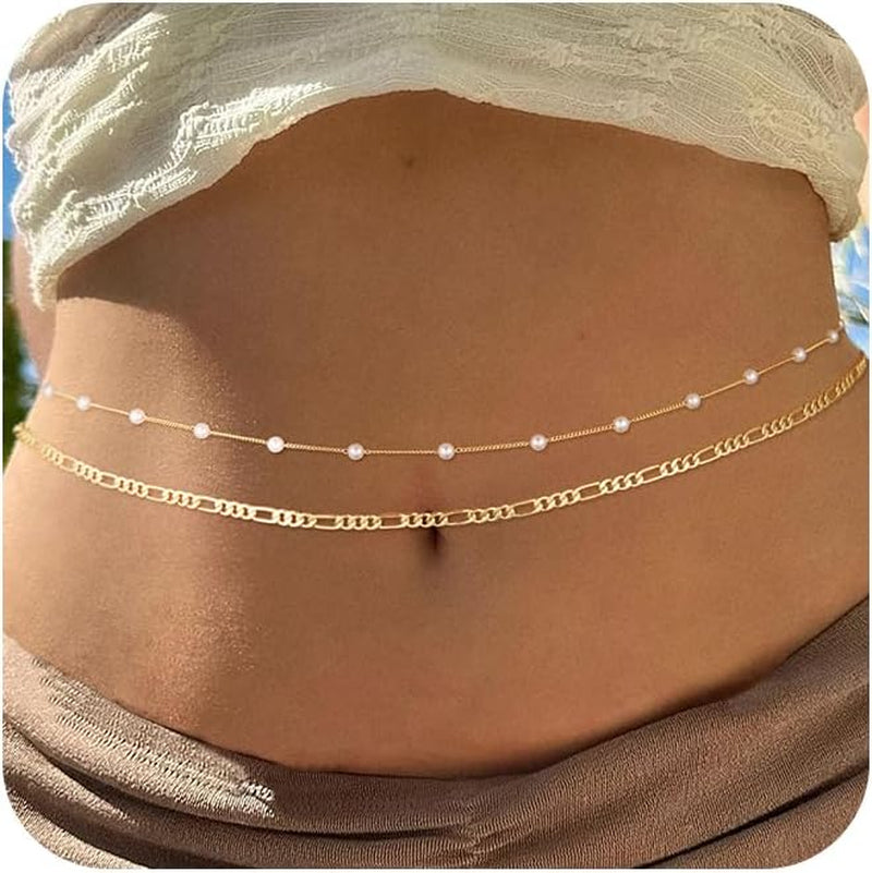 CAROVO Belly Waist Chain for Women 14K Gold Silver Plated Layered Body Chains Boho Cuban Figaro Pearl Heart Coin Satellite Bead Belly Chain Sexy Bikini Body Jewelry for Women Adjustable