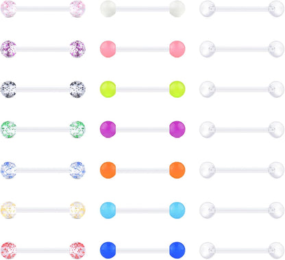 VCMART 14G Plastic Tongue Rings Plastic Nipple Rings for Surgery Clear Tongue Ring Nipple Piercings Glow in Dark Flexible Acrylic Straight Barbell Piercing Retainer for Work Sports 12/14/16/18MM