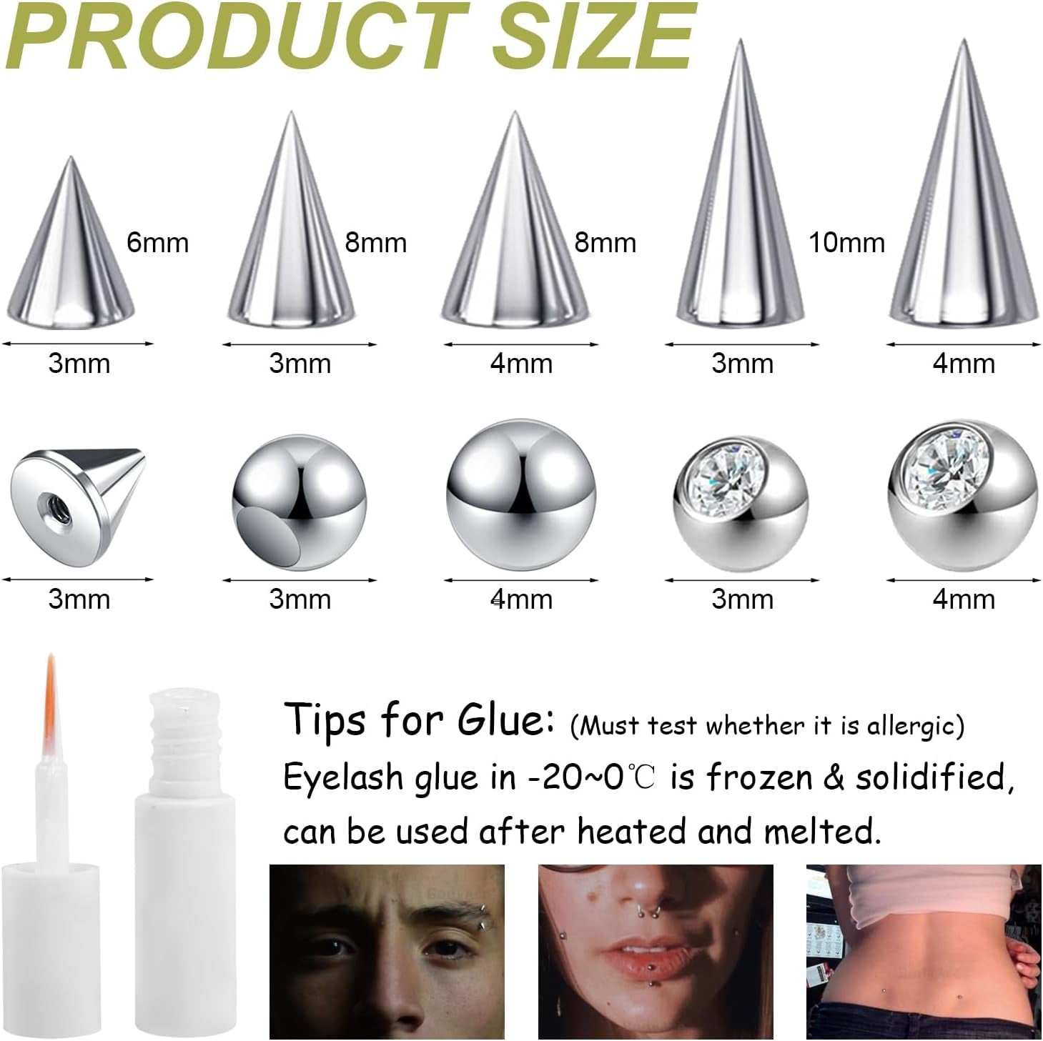 Bodyace 24Pcs Fake Nose Lip Labret Studs Eyebrow Rings, 3Mm 4Mm Replacement Balls Long Spike Cone with Eyelash Glue, Non-Piercing Body Jewelry Fake Skin Piercing