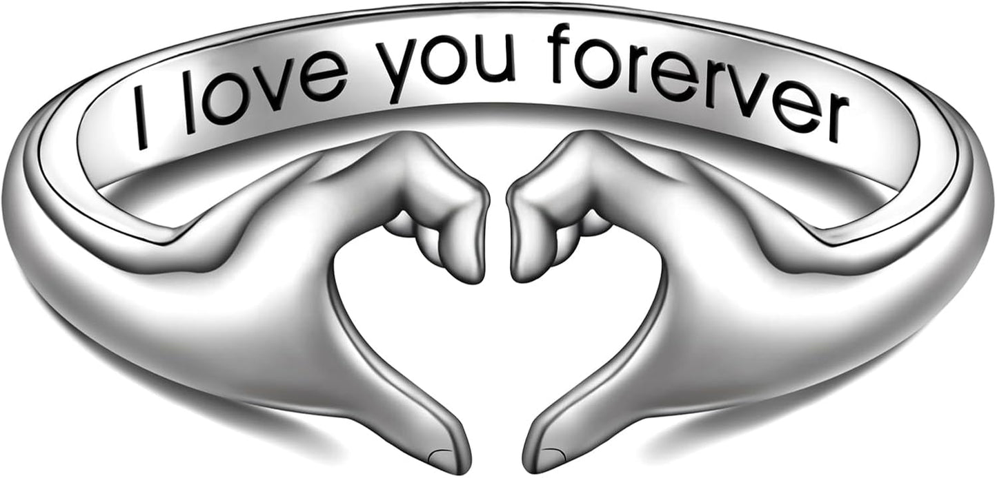 Heart gesture ring in 925 sterling silver showing I Love You hands