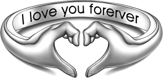 Heart gesture ring in 925 sterling silver showing I Love You hands
